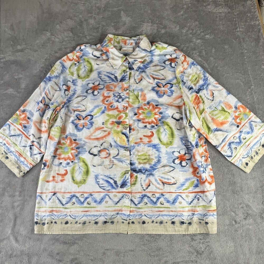 Alfred Dunner Shirt Womens 20W Multicolor Floral Button Up 3/4 Sleeve Cotton Top